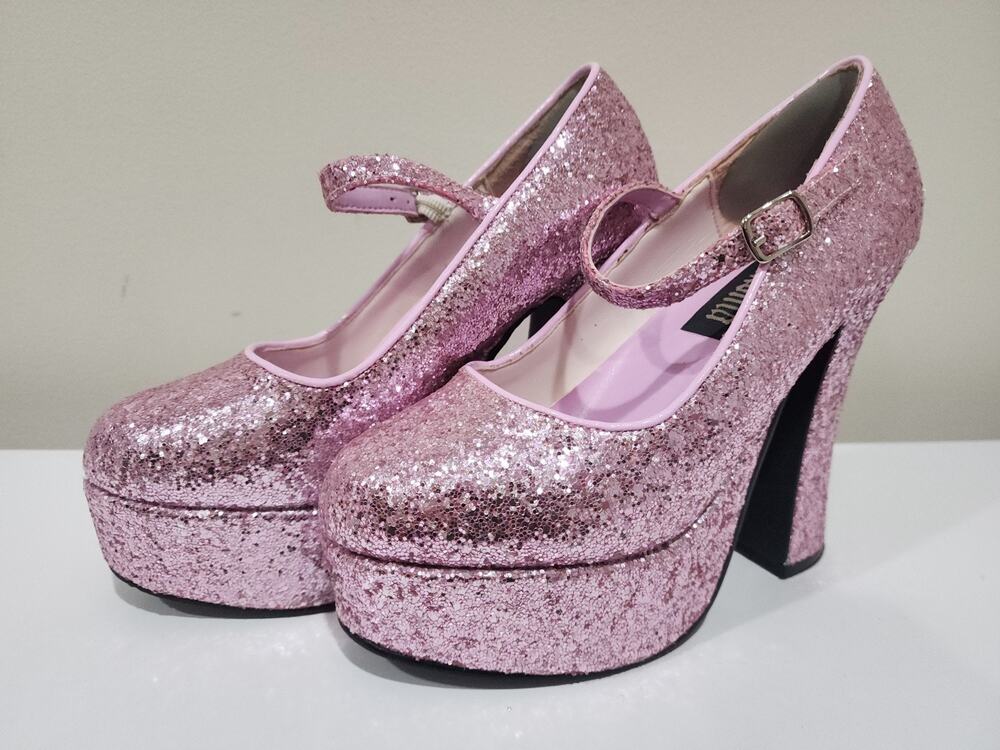 Demonia Dolly-50 Womens 6 Pumps Pink Sequin Adjustable Strap Platform Mary Jane